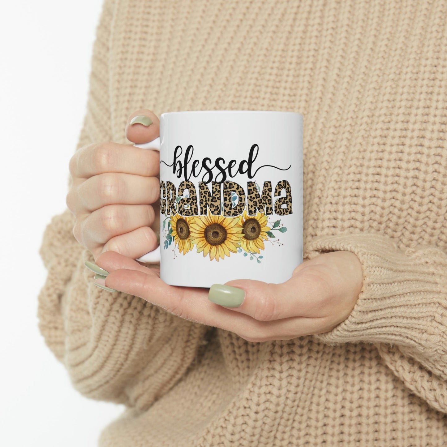 Personalized Blessed Grandma Leopard and Sunflower Ceramic Mug 11oz, Grandma Gift, Mother's Day gift, Granny gift, Mother's Day