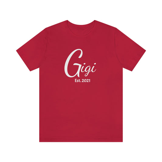 Personalized Gigi Short Sleeve Tee with established date available in sizes to 3XL