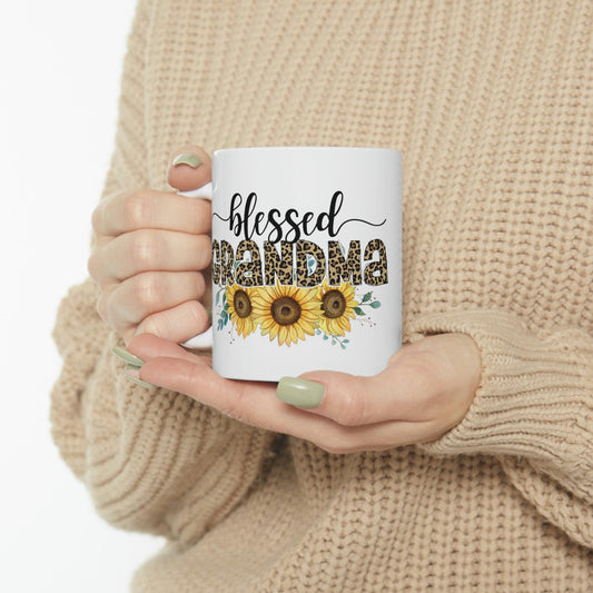 Personalized Blessed Grandma Leopard and Sunflower Ceramic Mug 11oz, Grandma Gift, Mother's Day gift, Granny gift, Mother's Day