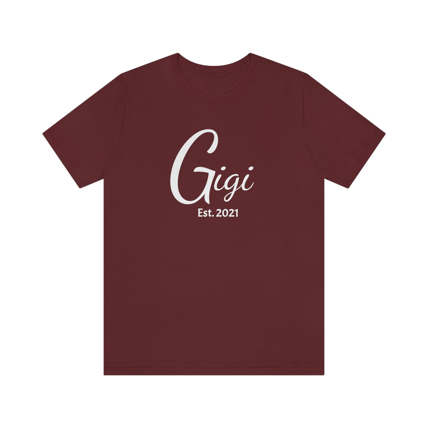 Personalized Gigi Short Sleeve Tee with established date available in sizes to 3XL