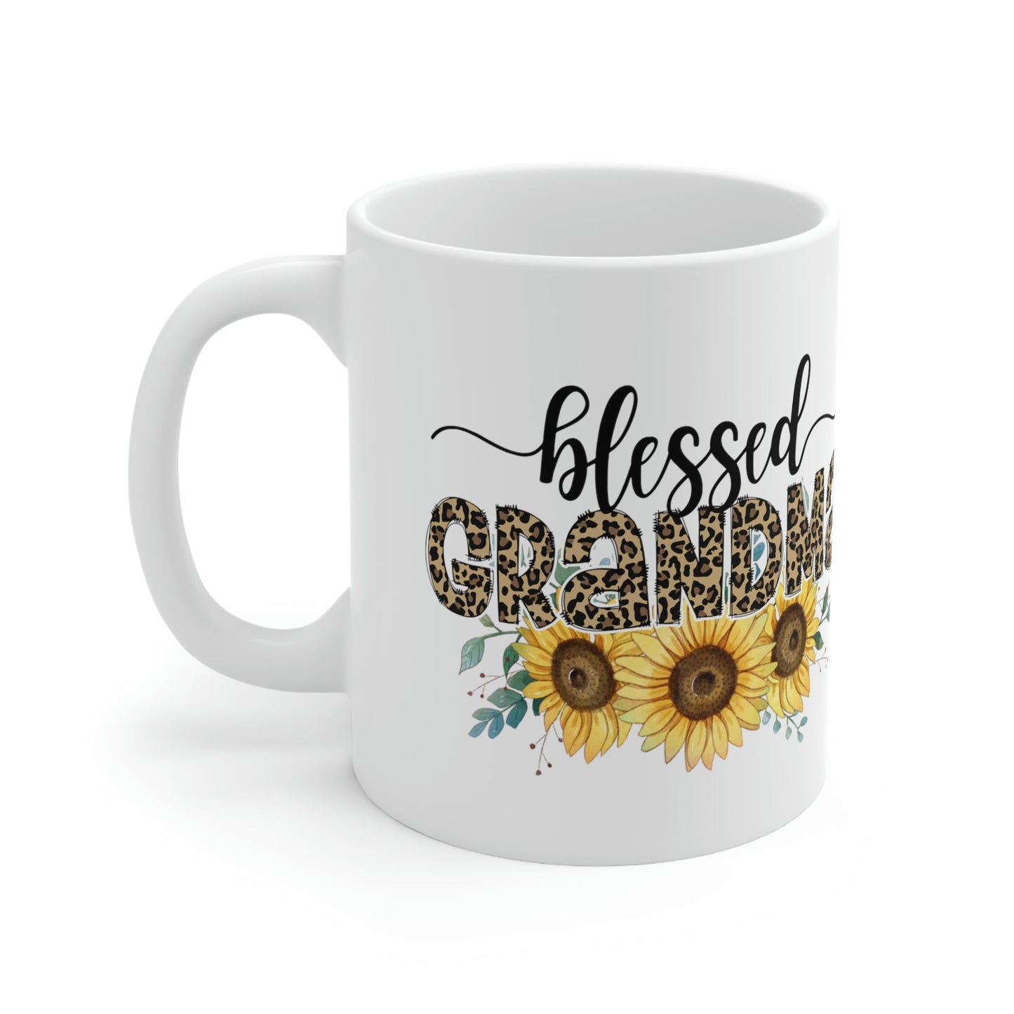 Personalized Blessed Grandma Leopard and Sunflower Ceramic Mug 11oz, Grandma Gift, Mother's Day gift, Granny gift, Mother's Day